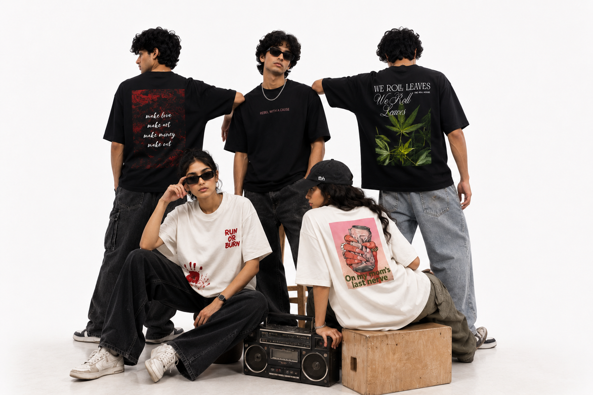 The Box House Drop 001 — five oversized 220 GSM tees worn front and back